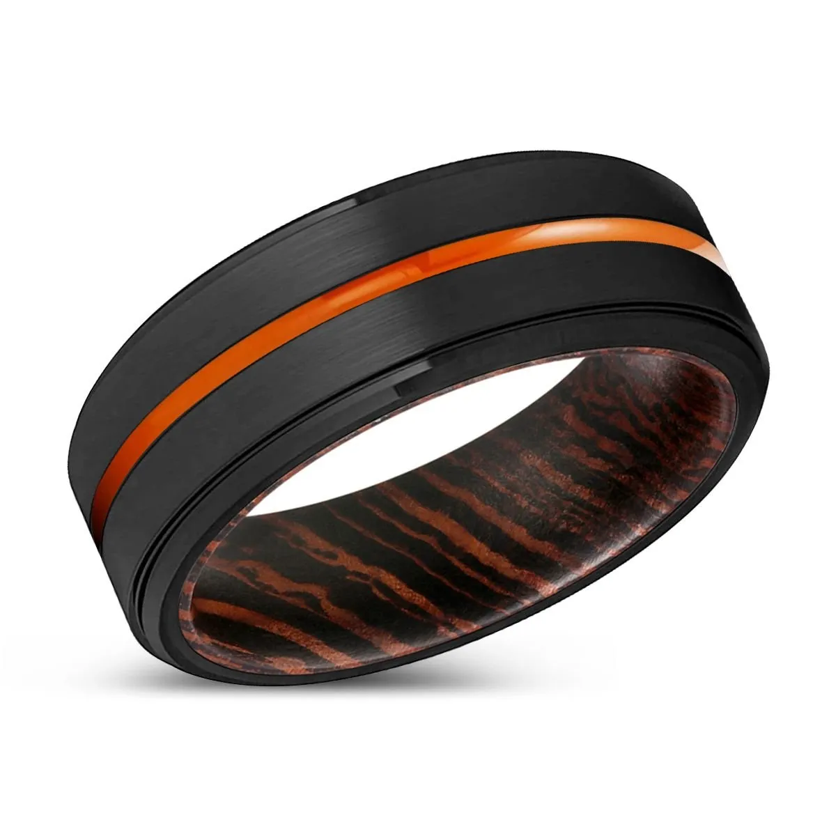 SASKATOON | Wenge Wood, Black Tungsten Ring, Orange Groove, Stepped Edge