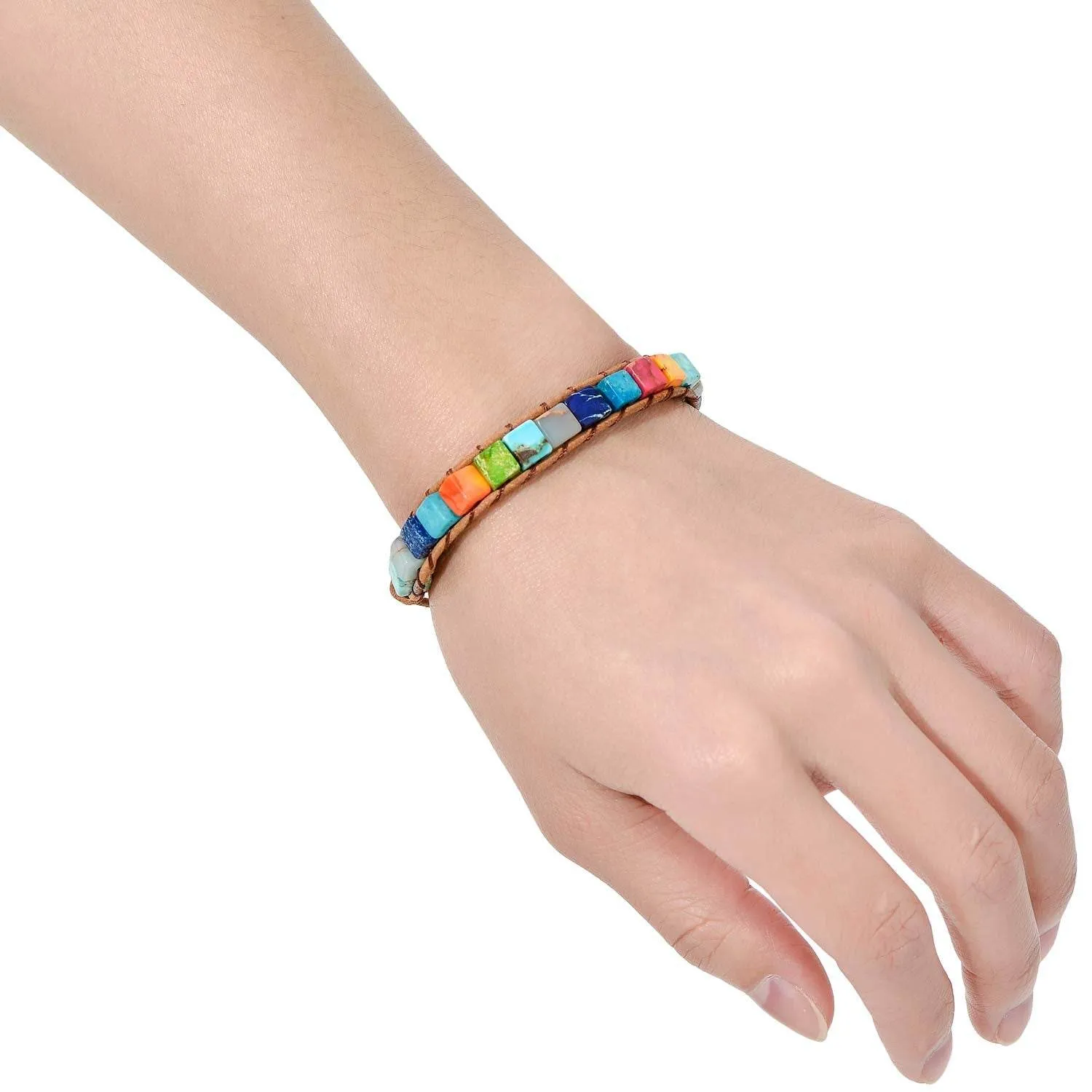 sedmart 7 Chakra Bracelets for Women with Real Stones Leather Wrap Healing Bead Bracelet Women Men Boho Friendship Jewelry… (Flower Button & Square Stone)