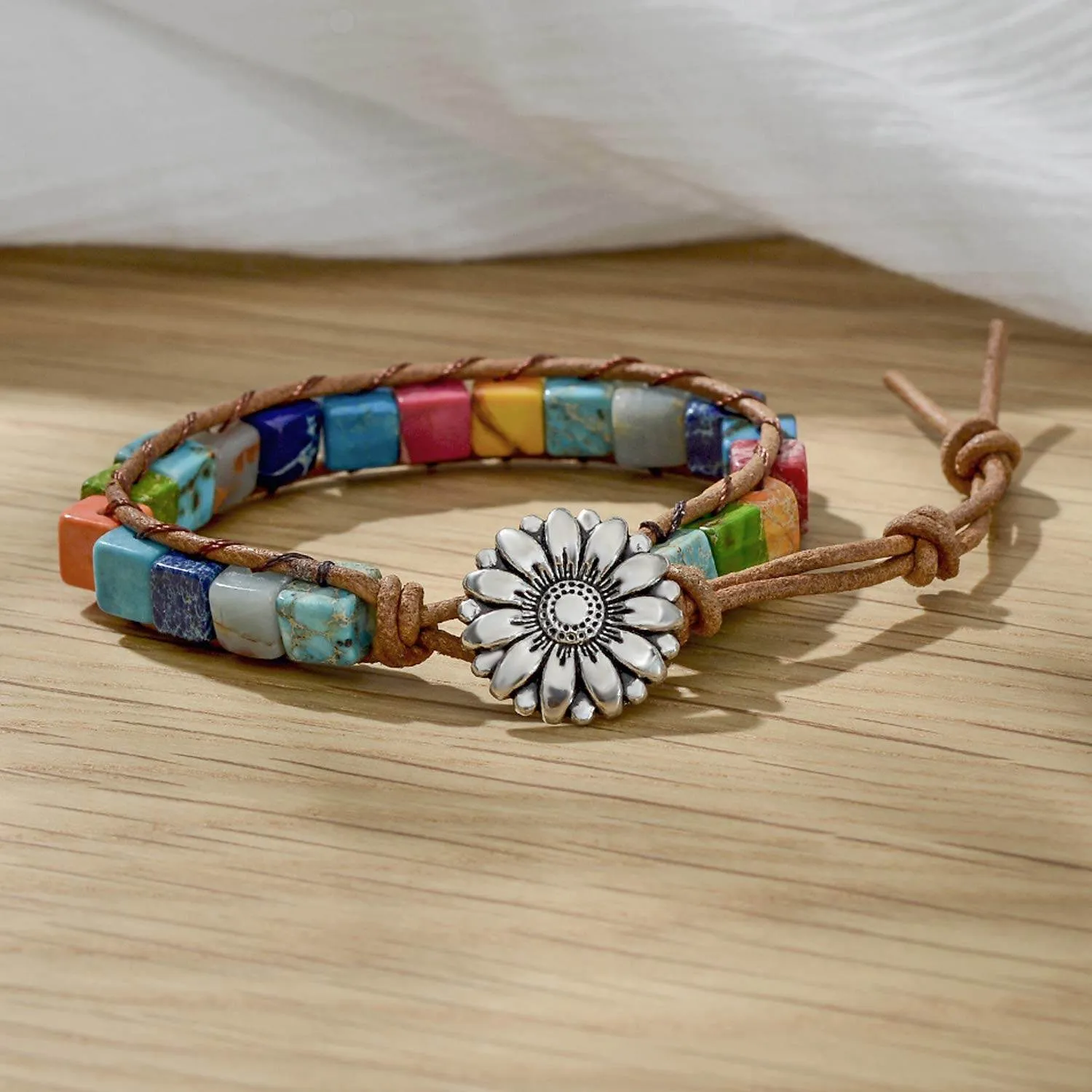 sedmart 7 Chakra Bracelets for Women with Real Stones Leather Wrap Healing Bead Bracelet Women Men Boho Friendship Jewelry… (Flower Button & Square Stone)