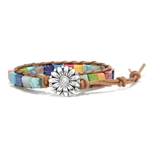 sedmart 7 Chakra Bracelets for Women with Real Stones Leather Wrap Healing Bead Bracelet Women Men Boho Friendship Jewelry… (Flower Button & Square Stone)
