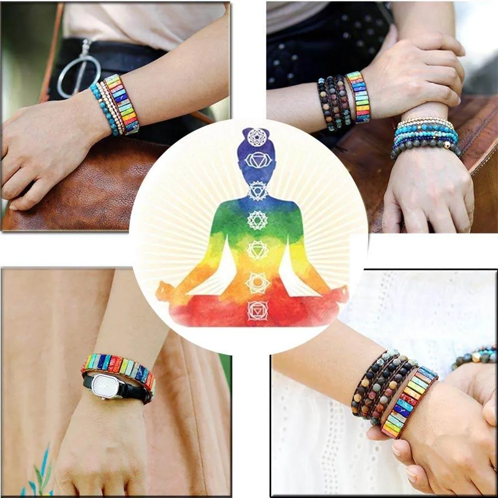 sedmart 7 Chakra Bracelets for Women with Real Stones Leather Wrap Healing Bead Bracelet Women Men Boho Friendship Jewelry… (Flower Button & Square Stone)