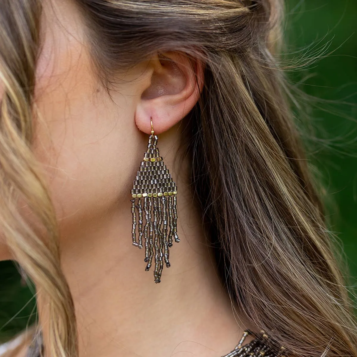 Seedbead Tapered Fringe Earrings - Multiple Color Styles : Lush Onyx