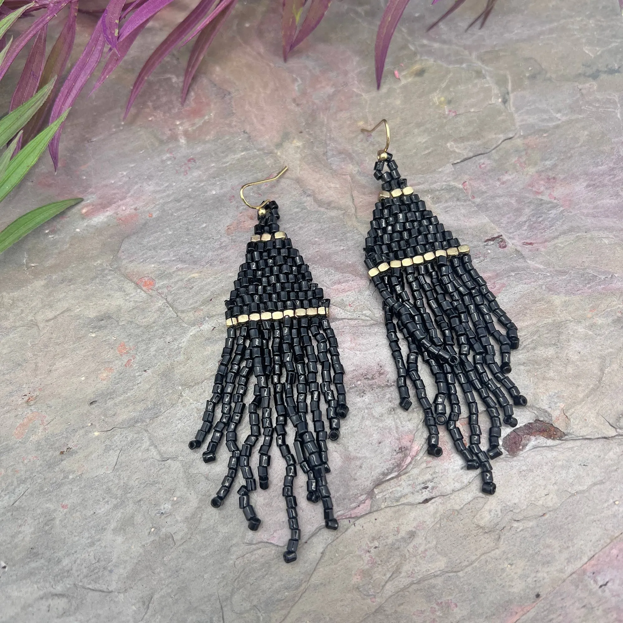 Seedbead Tapered Fringe Earrings - Multiple Color Styles : Lush Onyx