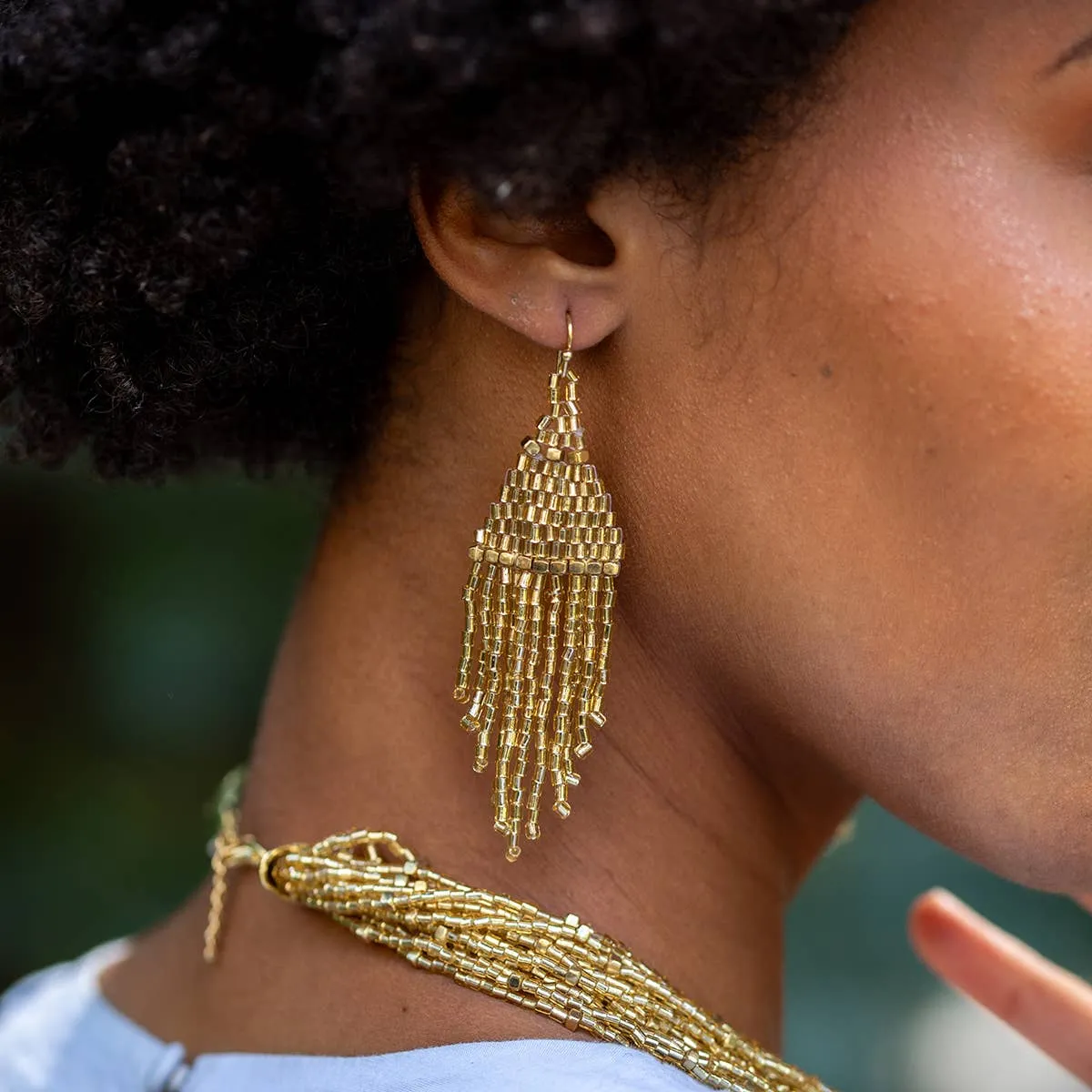 Seedbead Tapered Fringe Earrings - Multiple Color Styles : Lush Onyx