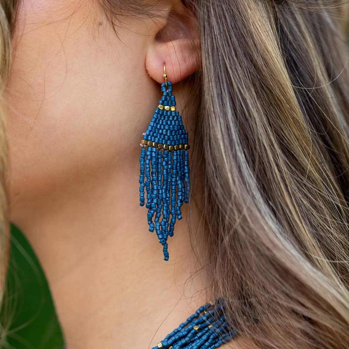Seedbead Tapered Fringe Earrings - Multiple Color Styles : Lush Onyx