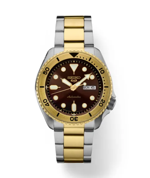 Seiko 5 Sports U.S. Special Creation Brown Dial  Gold Bezel Men's Watch SRPK24
