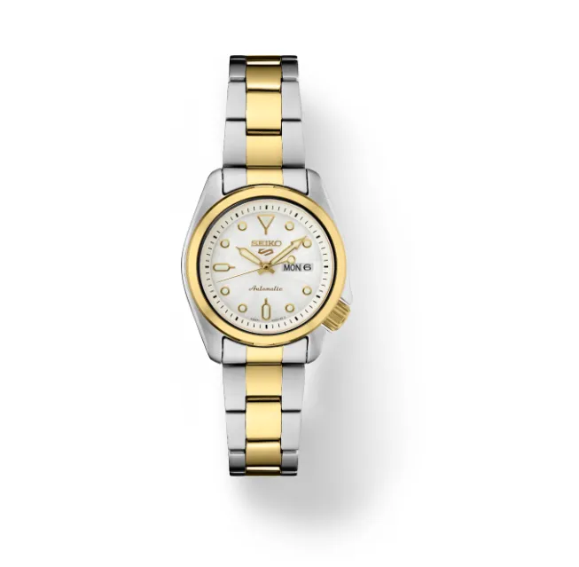 Seiko 5 Sports White Sunray Dial Rose Gold/Gold Bracelet Men's Watch SRE004