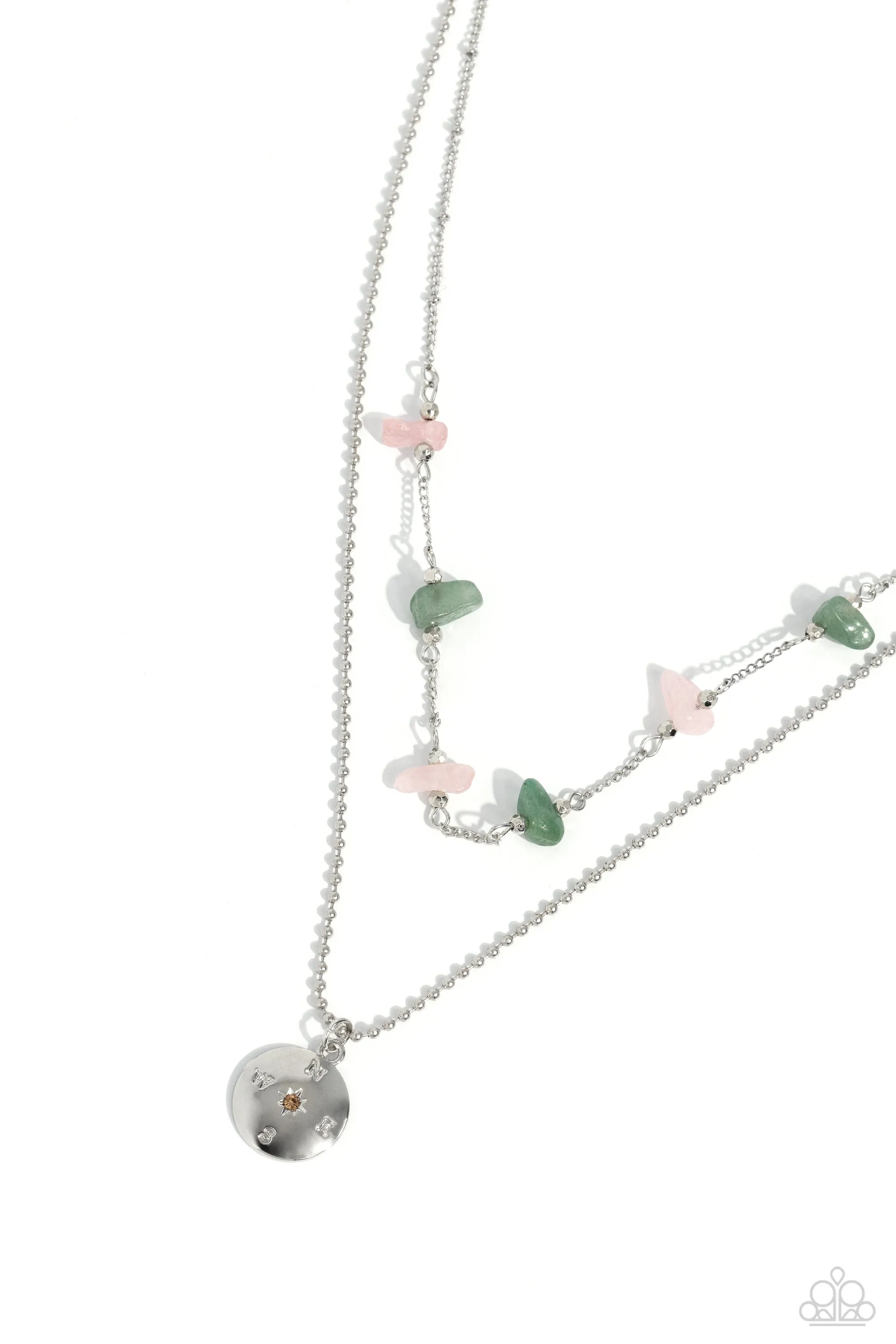 Sense of Direction - Pink - Rose Quartz and Jade Stone Silver Compass Tiered Paparazzi Short Necklace