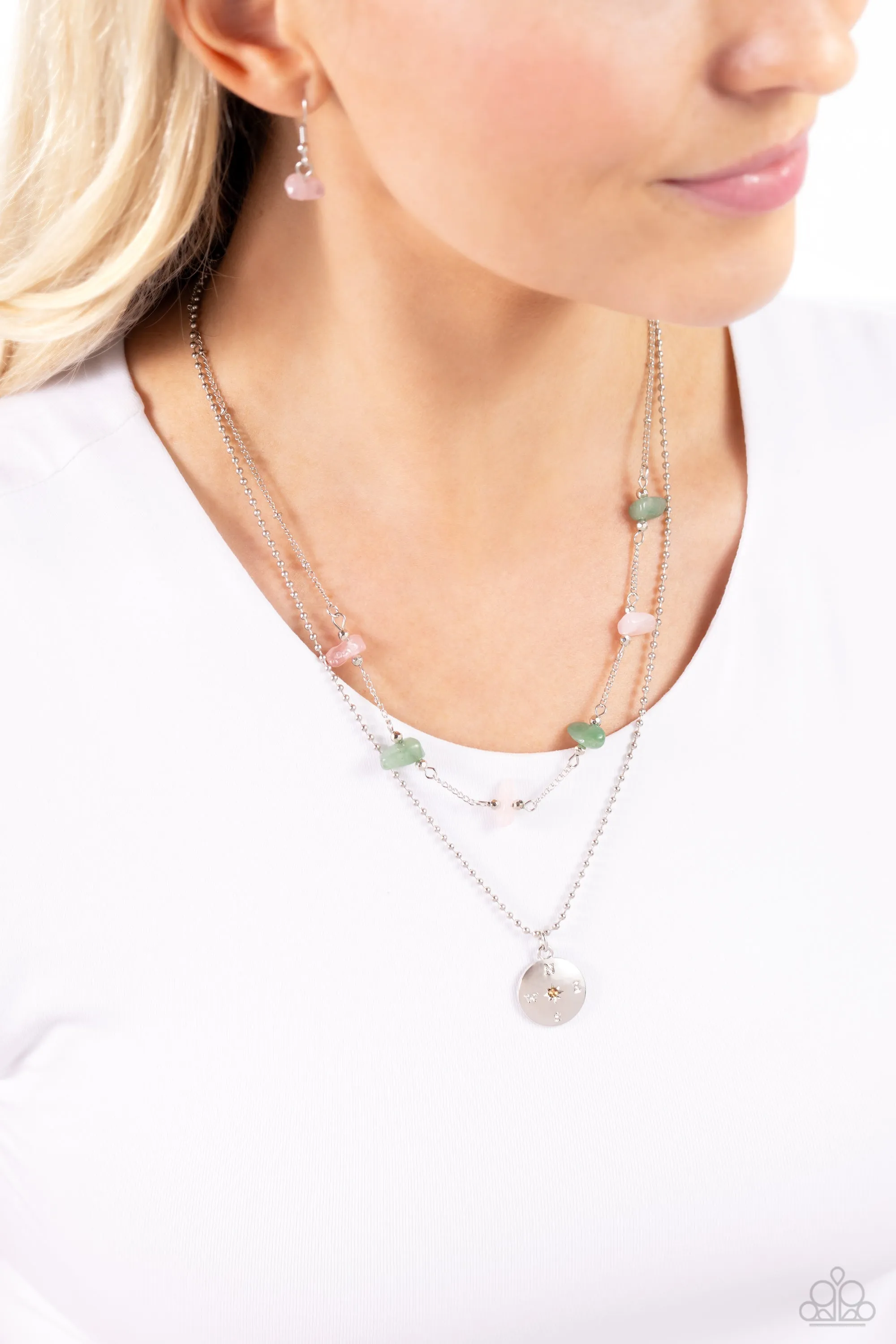 Sense of Direction - Pink - Rose Quartz and Jade Stone Silver Compass Tiered Paparazzi Short Necklace