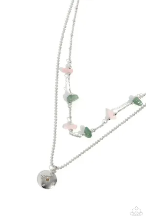 Sense of Direction - Pink - Rose Quartz and Jade Stone Silver Compass Tiered Paparazzi Short Necklace