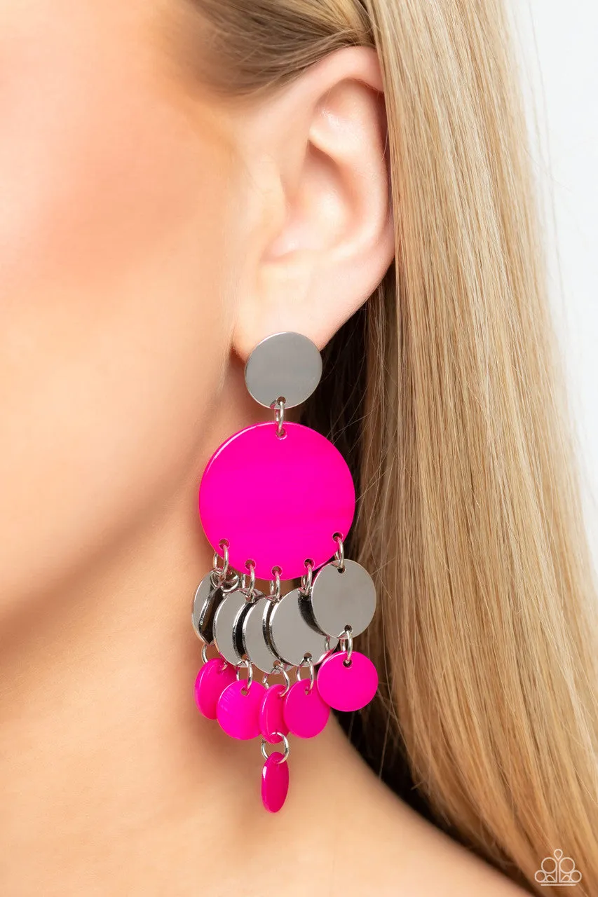 SHELL of the Ball - Pink - Seashell and Silver Disc Cascading Paparazzi Post Earrings