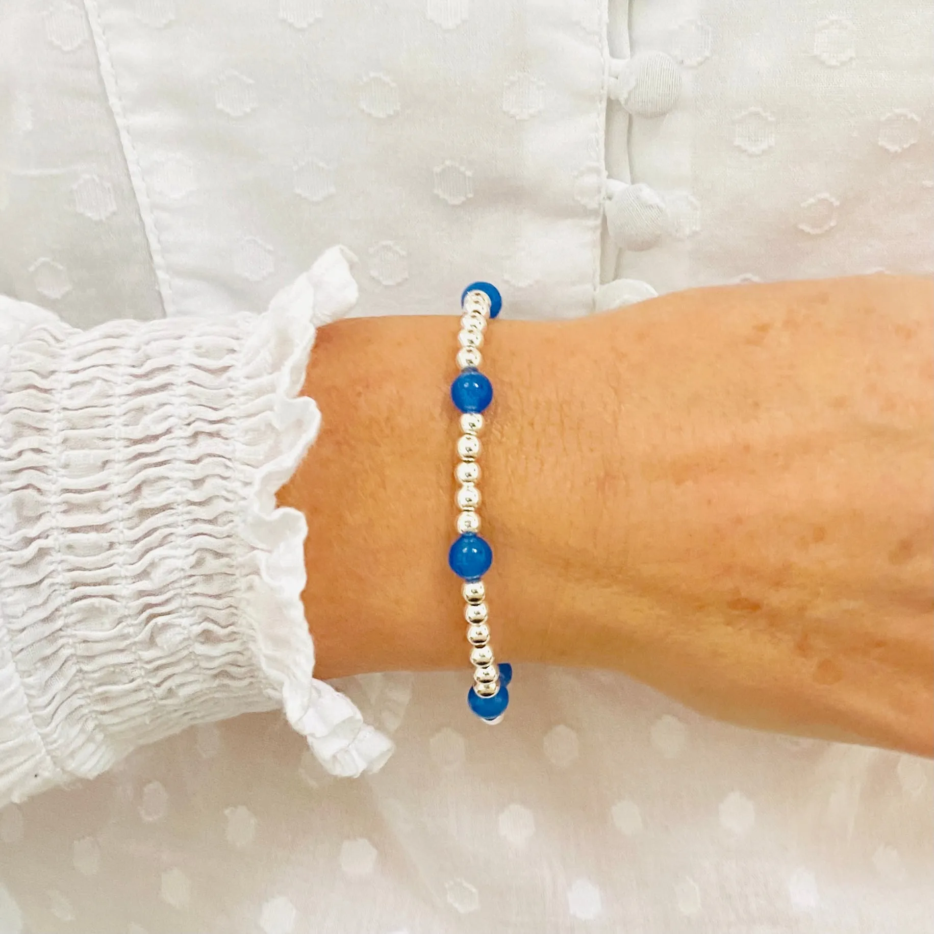 Silver Bead and Blue Onyx Gemstone Bracelet