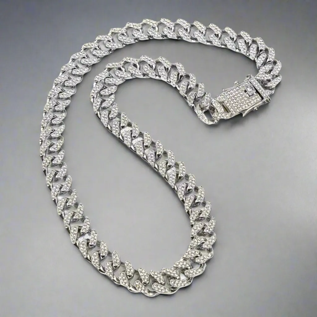 Silver Clear Cuban Chain Necklace