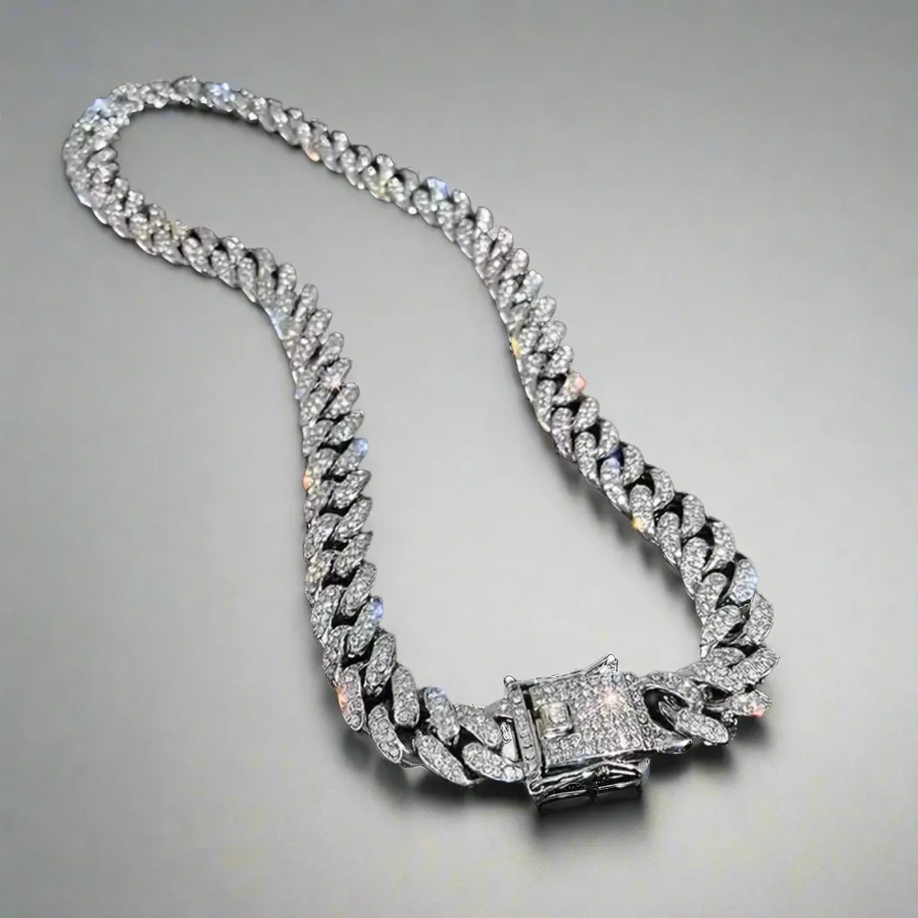 Silver Clear Cuban Chain Necklace