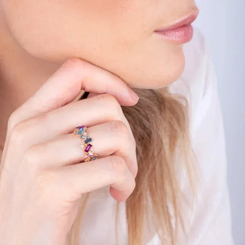 Silver Multicolor Crystal Rings Turquoise Engagement Wedding Promise Ring Party Jewelry Gifts