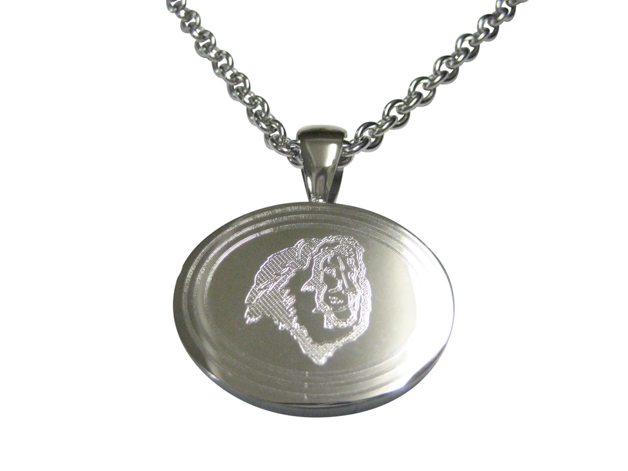 Silver Toned Etched Oval Side Facing Lion Head Pendant Necklace