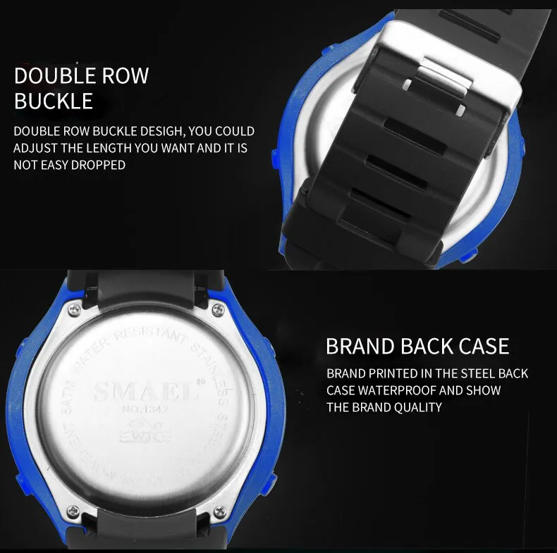 SMAEL Men Sports Watches Countdown Double Time Watch Alarm Chrono Digital Wristwatches 50M Waterproof Relogio Masculino