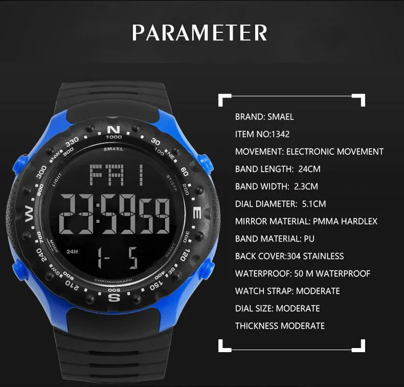 SMAEL Men Sports Watches Countdown Double Time Watch Alarm Chrono Digital Wristwatches 50M Waterproof Relogio Masculino