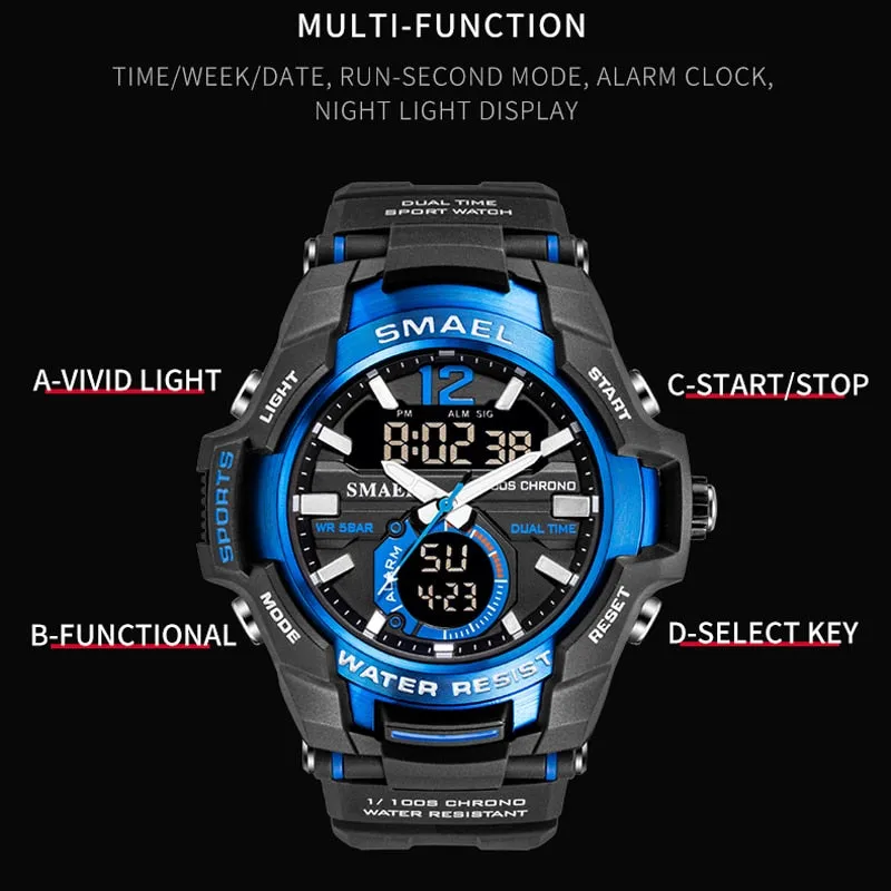SMAEL Men Watches Fashion Sport Super Cool Quartz LED Digital Watch 50M Waterproof Wristwatch Men Military Army Clock Male