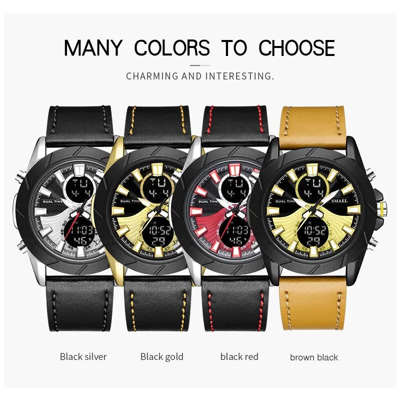 SMAEL Top Luxury Brand Men&#39;s LED Digital Quartz Watch Men Leather Waterproof Sport Watches Military Clock Relogios Masculino