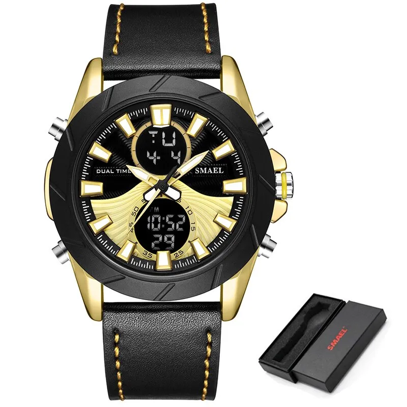 SMAEL Top Luxury Brand Men&#39;s LED Digital Quartz Watch Men Leather Waterproof Sport Watches Military Clock Relogios Masculino