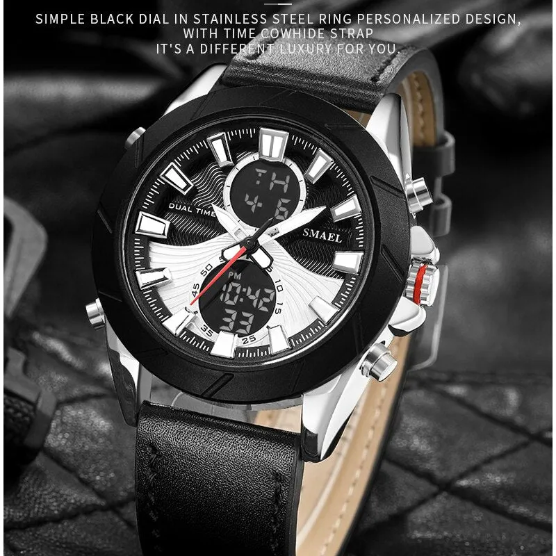 SMAEL Top Luxury Brand Men&#39;s LED Digital Quartz Watch Men Leather Waterproof Sport Watches Military Clock Relogios Masculino