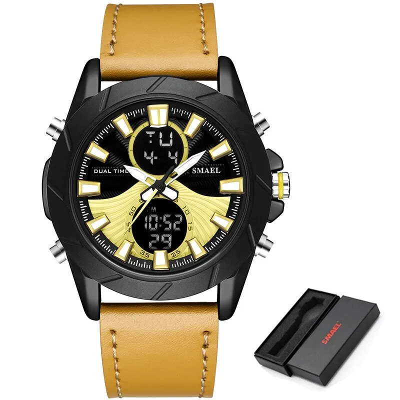 SMAEL Top Luxury Brand Men&#39;s LED Digital Quartz Watch Men Leather Waterproof Sport Watches Military Clock Relogios Masculino