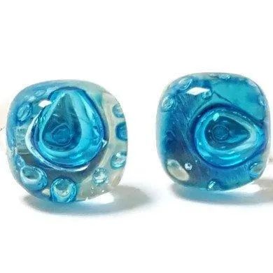 Small Post Turquoise Earrings. Fused Glass Studs. Recycled Glass jewelry. Stud earrings