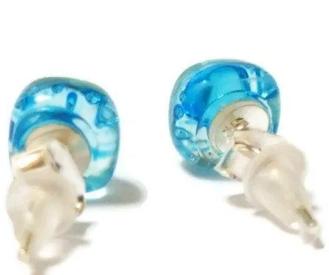 Small Post Turquoise Earrings. Fused Glass Studs. Recycled Glass jewelry. Stud earrings