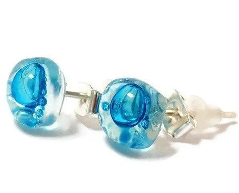 Small Post Turquoise Earrings. Fused Glass Studs. Recycled Glass jewelry. Stud earrings