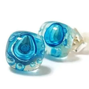 Small Post Turquoise Earrings. Fused Glass Studs. Recycled Glass jewelry. Stud earrings