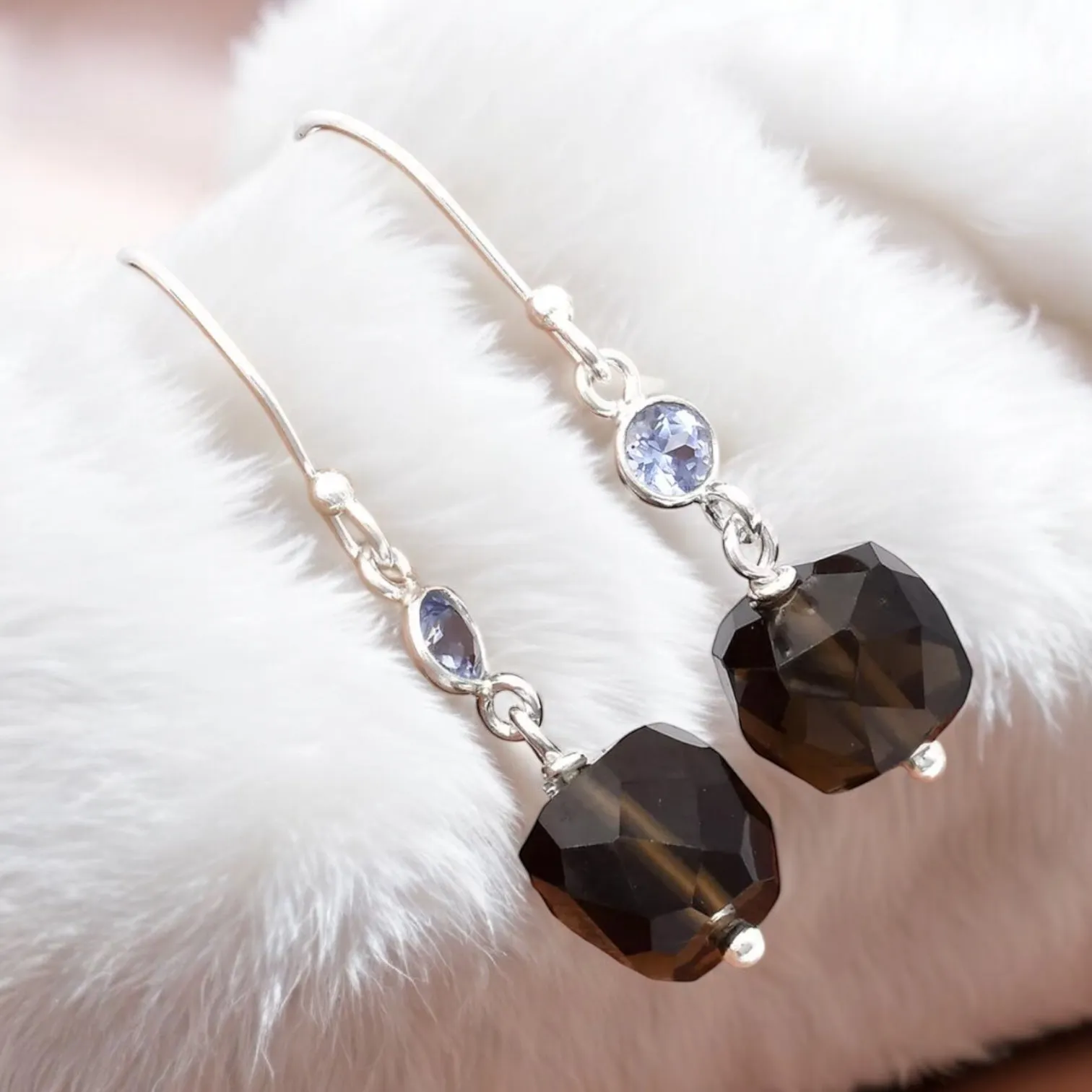 Smoky Topaz & Tanzanite Solid 925 Sterling Silver Earrings
