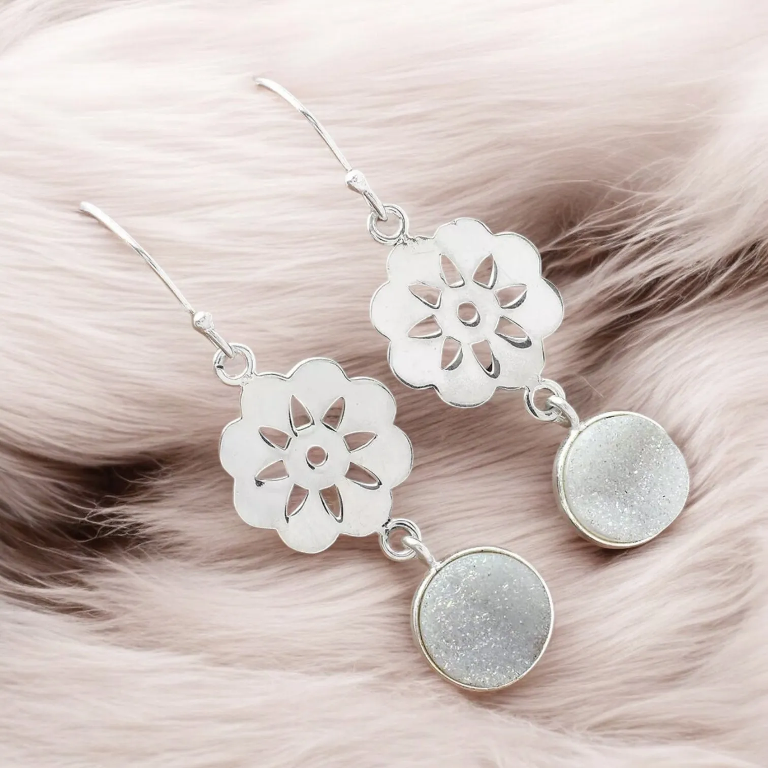 Snow Druzy Solid 925 Sterling Silver Earrings
