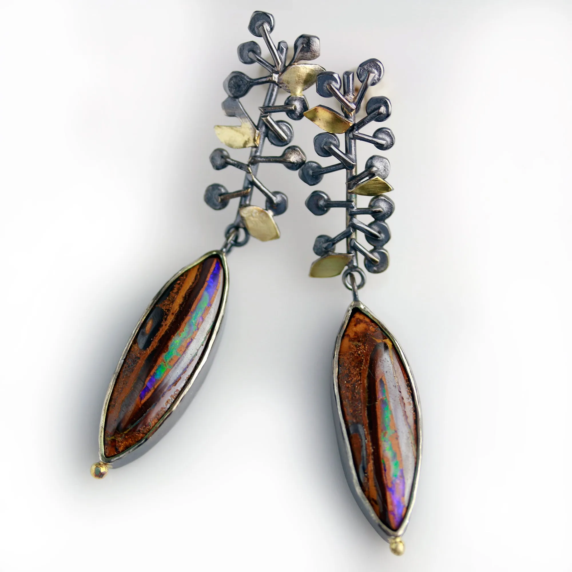 SOLD  Vine Topped Boulder Opal Earrings