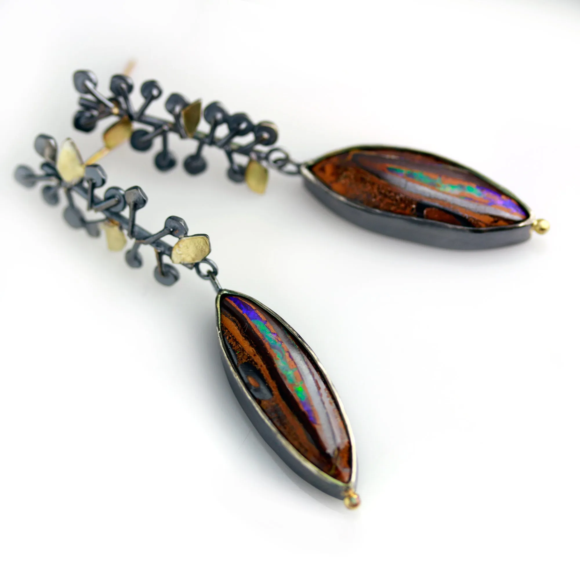 SOLD  Vine Topped Boulder Opal Earrings