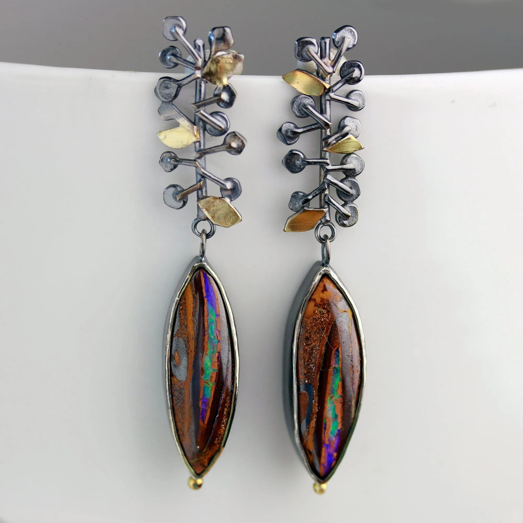 SOLD  Vine Topped Boulder Opal Earrings