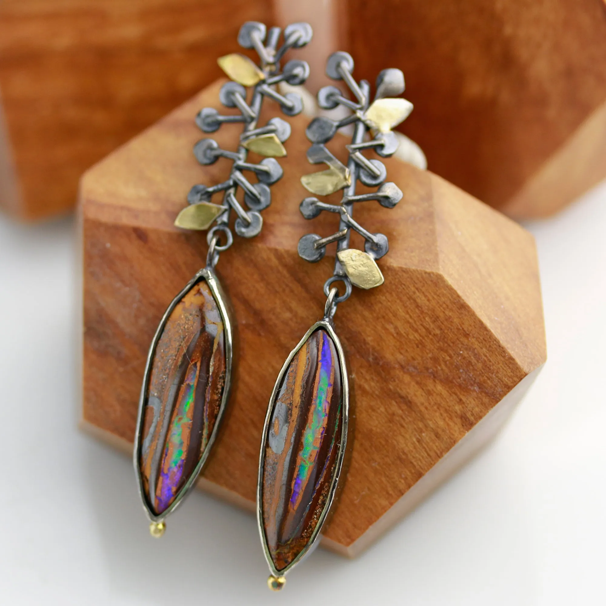 SOLD  Vine Topped Boulder Opal Earrings