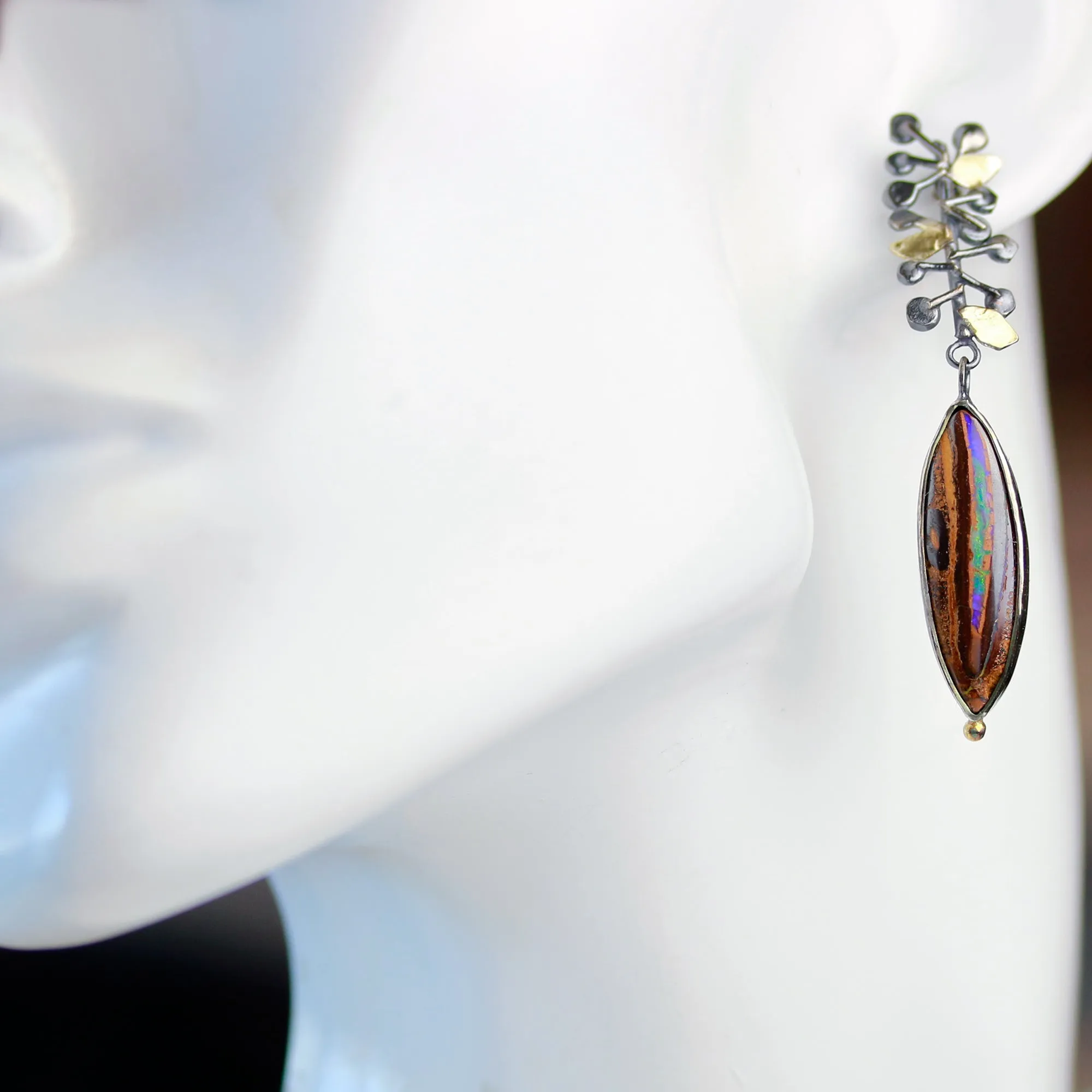 SOLD  Vine Topped Boulder Opal Earrings