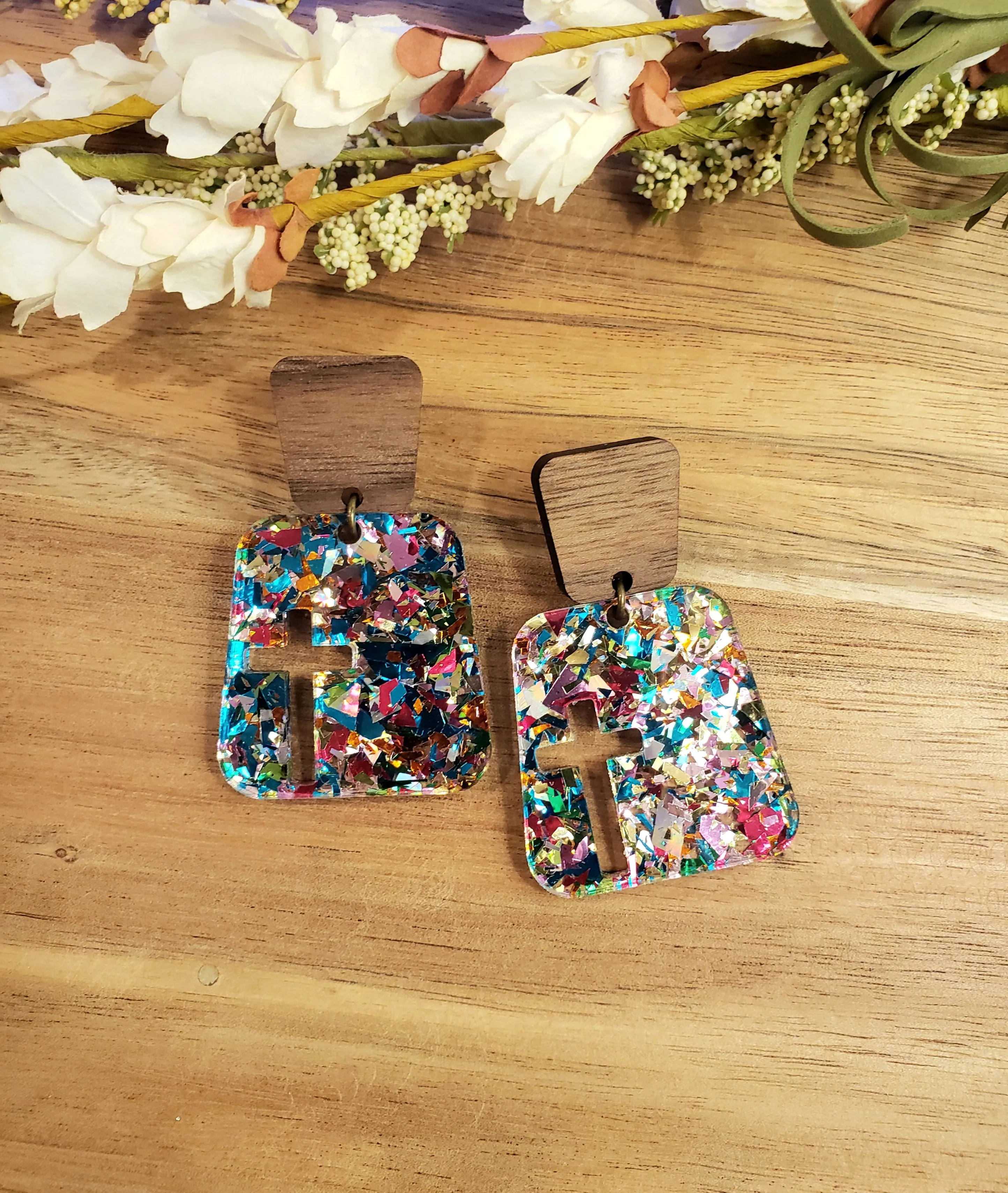 Square Cross Earrings - Confetti