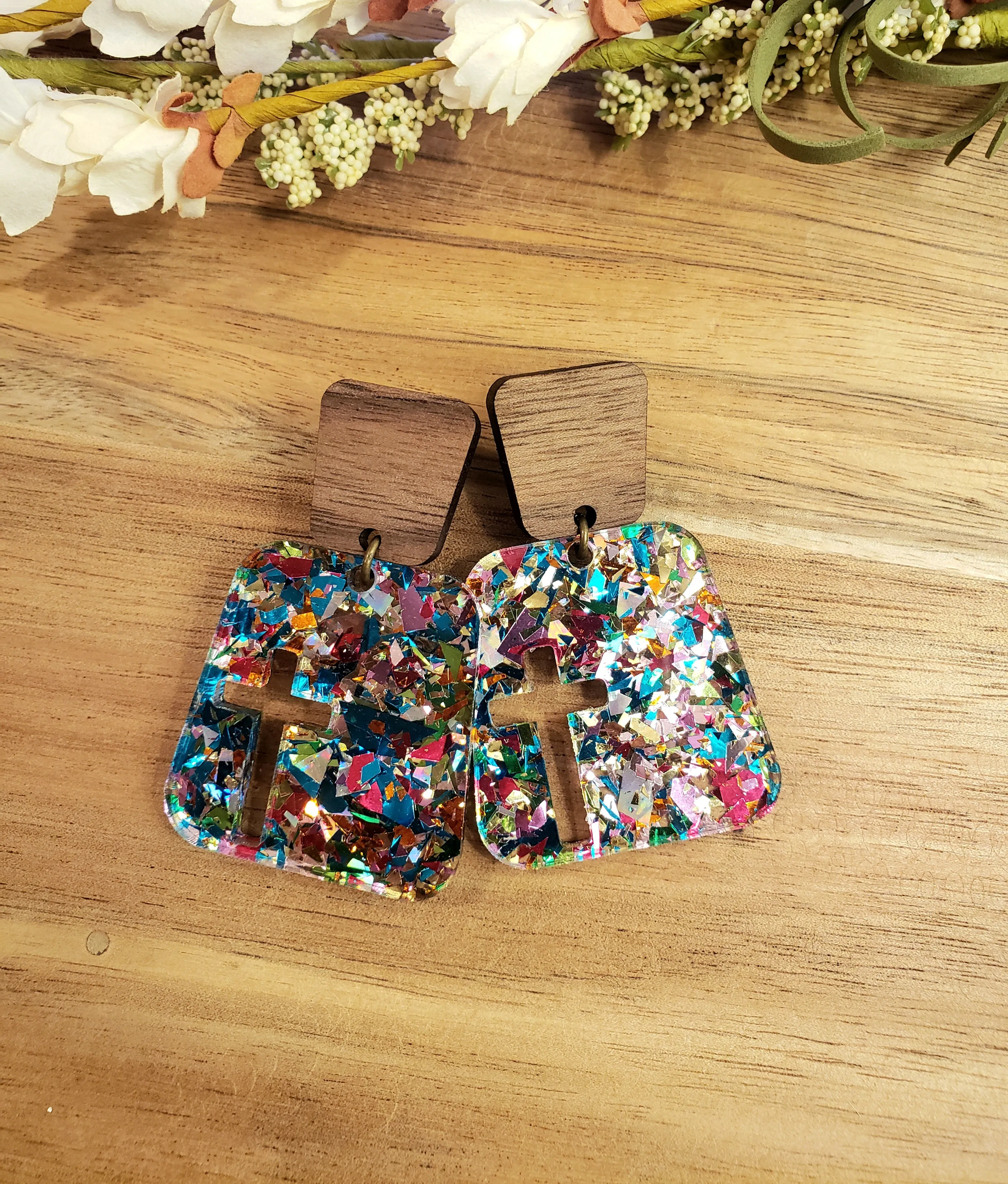 Square Cross Earrings - Confetti