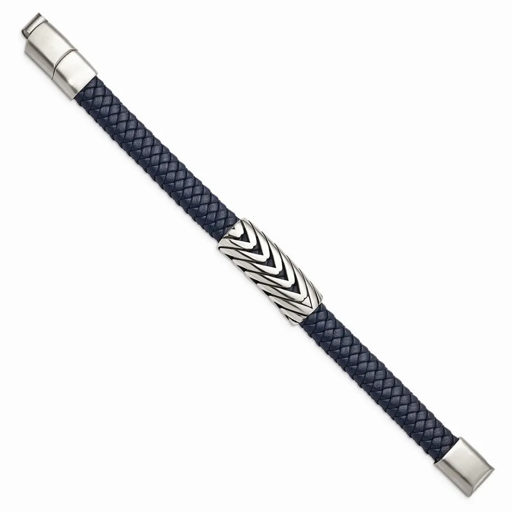 Stainless Steel Antiqued & Polished Faux Leather 8in w/.5in ext. Bracelet