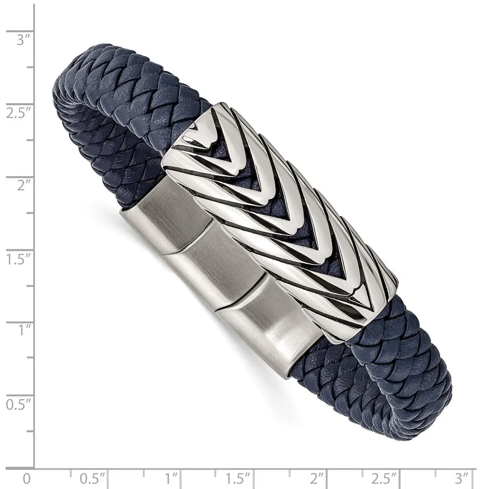 Stainless Steel Antiqued & Polished Faux Leather 8in w/.5in ext. Bracelet