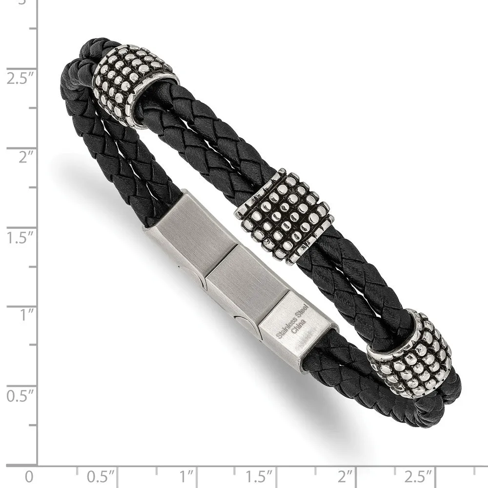 Stainless Steel Antiqued and Polished Black Leather 8.25in Bracelet