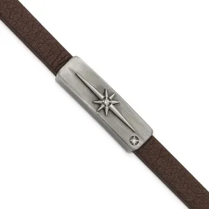Stainless Steel Antiqued Bronze-plated w/CZ Cross Leather Bracelet