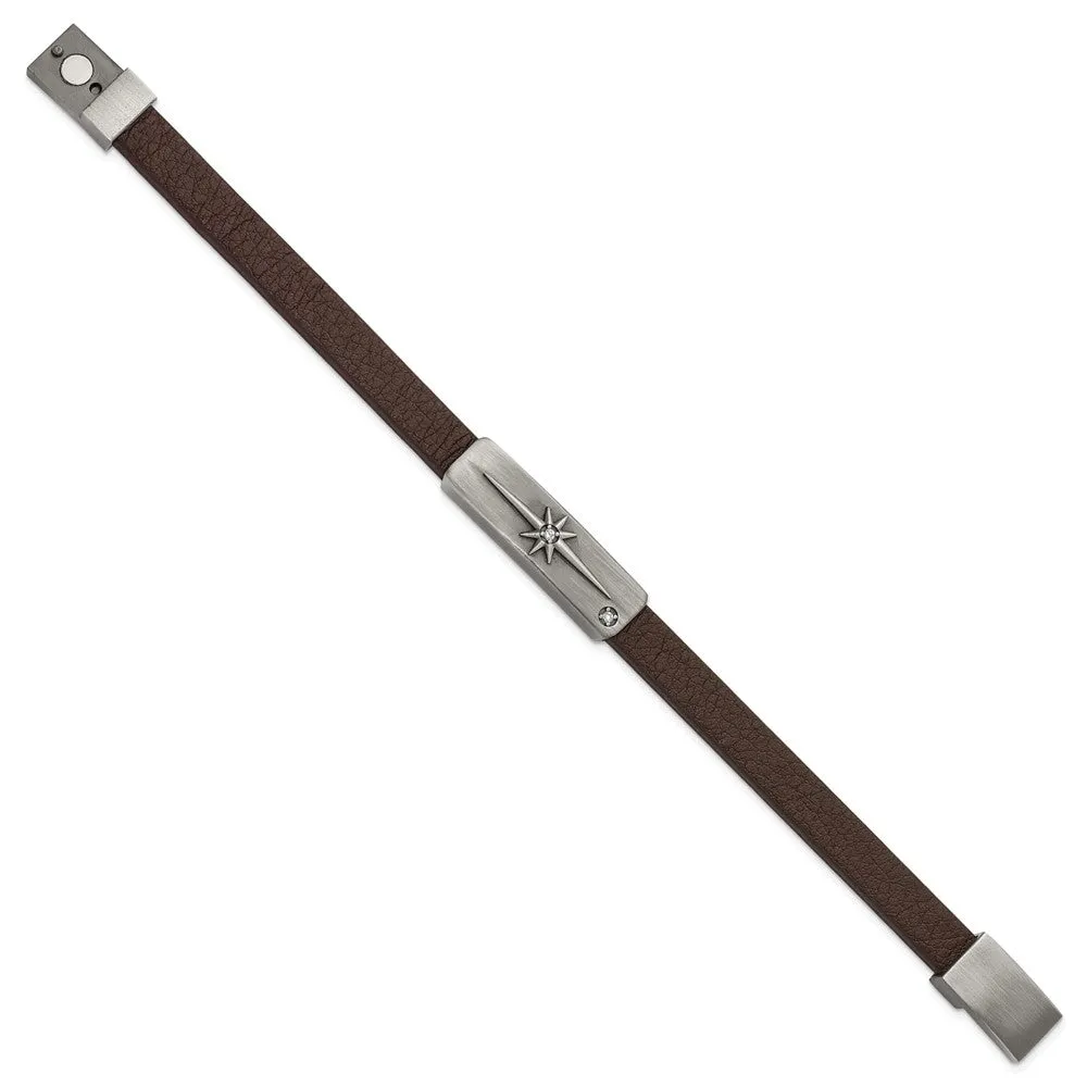 Stainless Steel Antiqued Bronze-plated w/CZ Cross Leather Bracelet