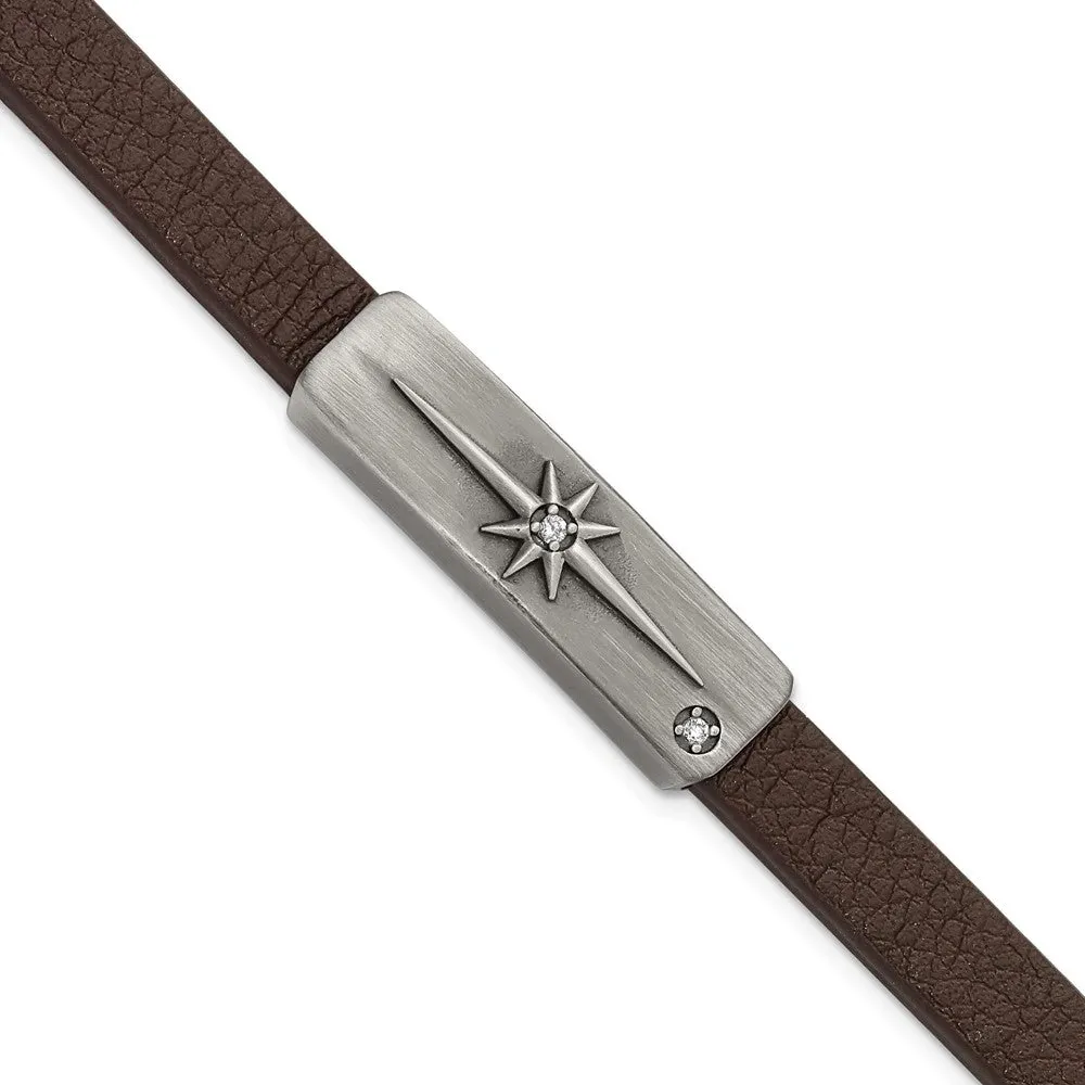 Stainless Steel Antiqued Bronze-plated w/CZ Cross Leather Bracelet