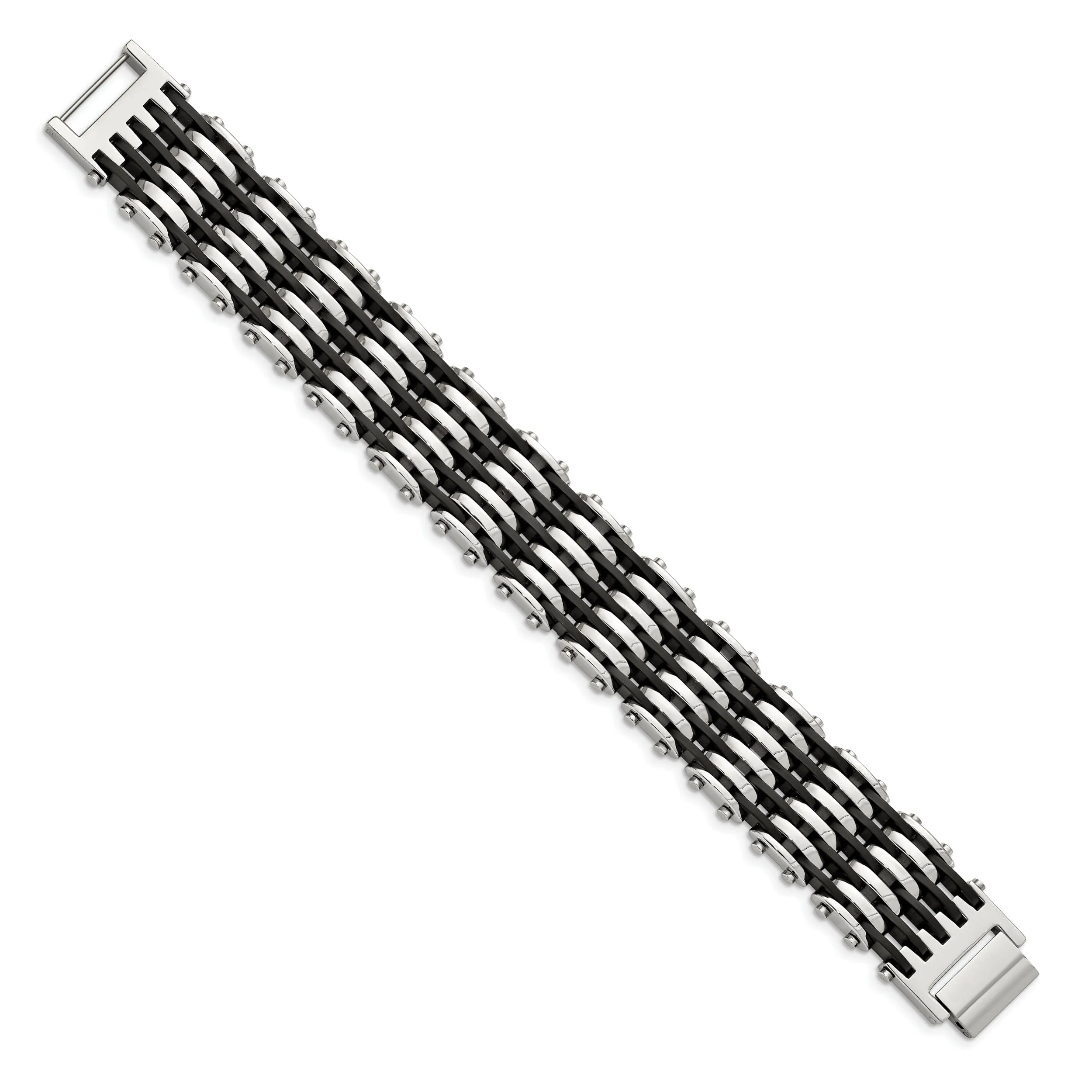 Stainless Steel Black Rubber Fold Over Bracelet