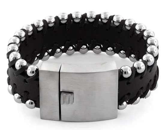 Stainless Steel Brown Beaded Leather Bracelet
