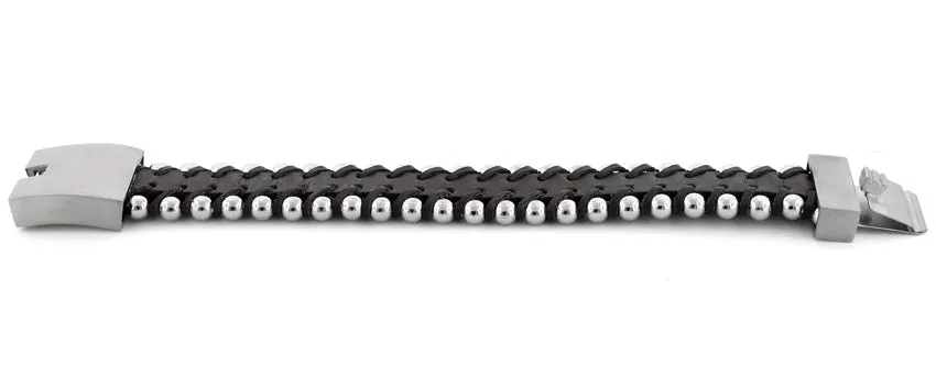 Stainless Steel Brown Beaded Leather Bracelet