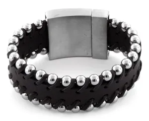 Stainless Steel Brown Beaded Leather Bracelet